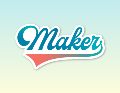 The word "Maker" in a script font with a swoosh below the letters. The color is mainly blue, transitioning into orange in the swoosh.